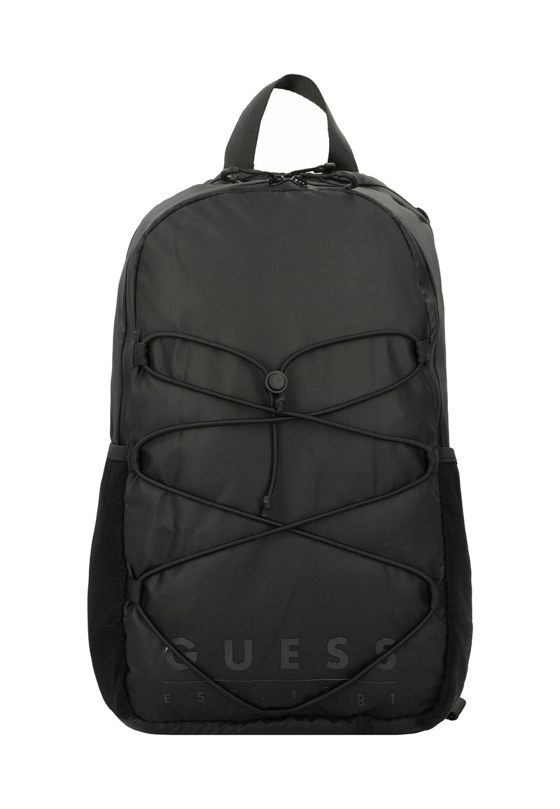 Sac à dos en nylon noir avec détails en cordon élastique, bretelles ajustables, poches latérales en mesh et logo en relief sur le devant.