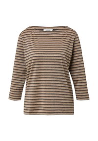 Gestreiftes Langarmoberteil in Beige und Braun mit metallischen Akzenten. Verfügt über einen weiten Ausschnitt und eine weiche Textur, die eine legere Passform bietet.