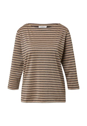 Pasiasta bluzka z długim rękawem w kolorze beżowym i brązowym z metalicznymi akcentami. Posiada szeroki dekolt i miękką teksturę, zapewniając luźny krój.