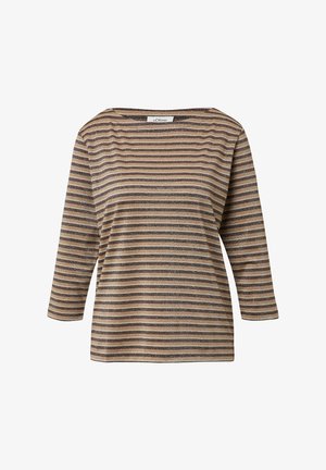 Gestreepte top met lange mouwen in beige en bruin met metallic accenten. Heeft een brede halslijn en een zachte textuur, wat zorgt voor een ontspannen pasvorm.