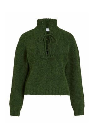Suéter verde de punto con un alto cuello, cierre de cordones en la parte delantera y textura acanalada. Presenta mangas largas y un diseño cropped.