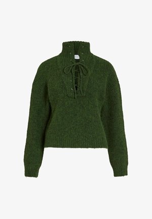 Zeleno pleteno pulover s visokim ovratnikom, sprednjim vezanjem in rebrasto teksturo. Ima dolge rokave in kratko zasnovo.