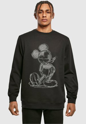 Black sweatshirt made of cotton featuring a distressed sketch of a cartoon character in white. Crew neck and long sleeves.