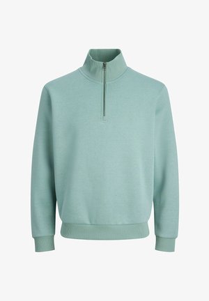 Lichtgroene sweat met kwart-ritssluiting, geribbelde boorden bij de mouwen en taille. Gemaakt van zachte stof, met een hoge kraag en een minimalistisch ontwerp.