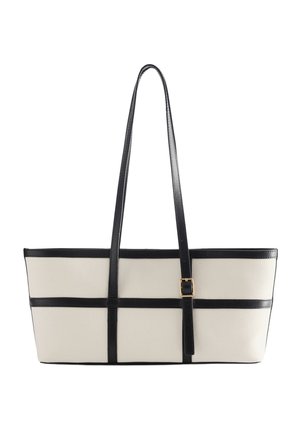 Sac cabas rectangulaire blanc avec longues anses noires et bordure noire, avec un détail de boucle noire sur une anse.