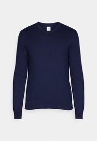 Mörkblå v-ringad tröja i texturerat stickat material, med långa ärmar samt ribbade muddar och fåll för en figurnära passform.