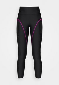 Svarta träningstights med hög midja, med lila detaljer och böjda sömmar. Tillverkade av ett elastiskt, mjukt material.