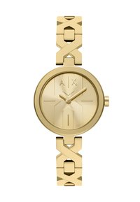 Orologio in metallo dorato con cassa circolare, quadrante testurizzato e grande logo A/X. Il bracciale a maglia presenta un design geometrico e una finitura lucida.