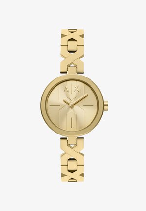 Orologio in metallo dorato con cassa circolare, quadrante testurizzato e grande logo A/X. Il bracciale a maglia presenta un design geometrico e una finitura lucida.