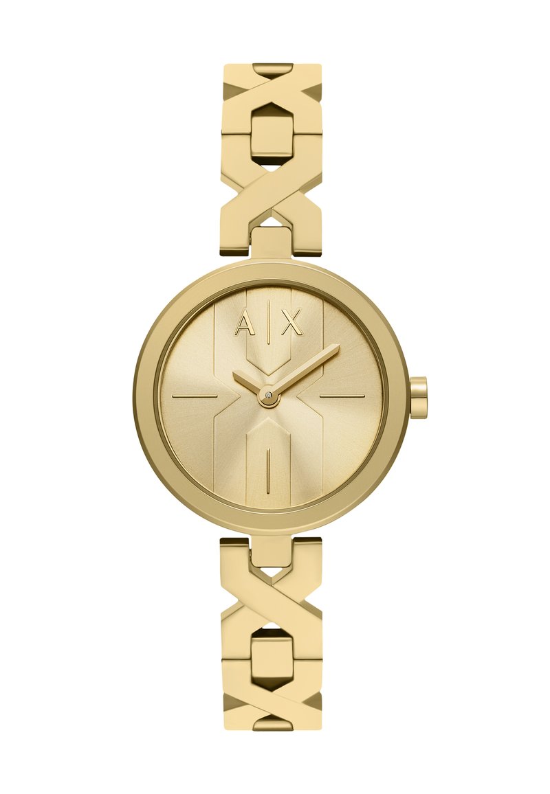 Orologio in metallo dorato con cassa circolare, quadrante testurizzato e grande logo A/X. Il bracciale a maglia presenta un design geometrico e una finitura lucida.