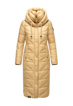 Długi beżowy puchowy płaszcz z wysokim kołnierzem, zamek z przodu, dekoracyjne przeszycia, dwie boczne kieszenie i czarne akcenty na mankietach. Miękka, ocieplająca tkanina.