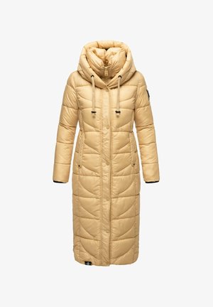 Długi beżowy puchowy płaszcz z wysokim kołnierzem, zamek z przodu, dekoracyjne przeszycia, dwie boczne kieszenie i czarne akcenty na mankietach. Miękka, ocieplająca tkanina.
