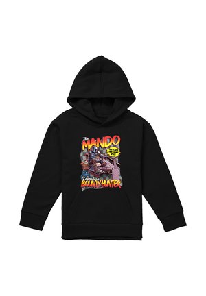 Schwarzer Hoodie mit farbenfroher Grafik eines Mandalorian-Charakters mit einem Kind und dem Text "The Mando Legendary Bounty Hunter" auf der Vorderseite.