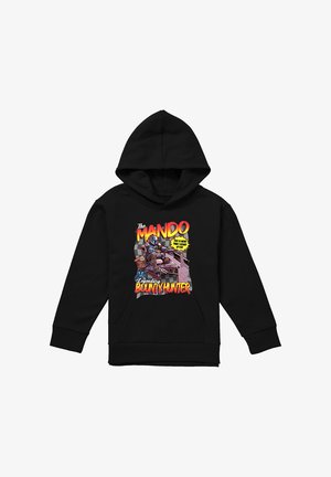 Schwarzer Hoodie mit farbenfroher Grafik eines Mandalorian-Charakters mit einem Kind und dem Text "The Mando Legendary Bounty Hunter" auf der Vorderseite.