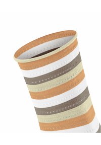 Gebreide buis met afwisselend horizontale strepen in oranje, wit, beige en bruin. Structuurstof met een snug, elastische pasvorm.