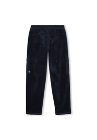 Marineblå kordfløyelbukser med elastisk midje, rette ben og sidelommer for ekstra funksjonalitet. Teksturert stoff med vertikale riller.