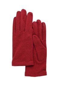Gants en laine rouges avec texture lisse, design à cinq doigts et zone de paume renforcée. Matériau doux et chaud adapté aux temps froids.