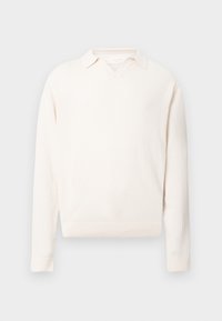 Hvid tekstureret sweater med v-hals og krave. Har ribbede manchetter og ende. Lavet af strikket stof.