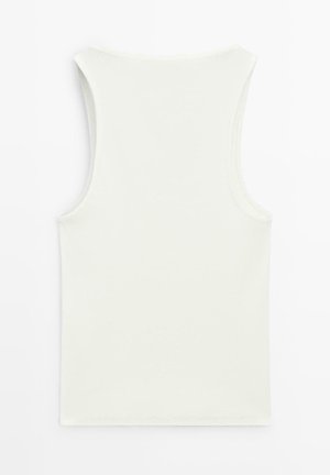 Weißes ärmelloses, geripptes Tanktop flach liegend, das den Rücken mit breiten Schulterriemen und einem runden Ausschnitt zeigt.