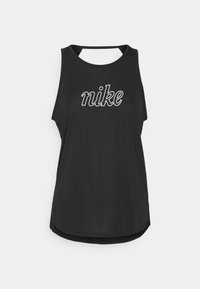 Zwarte Nike tanktop met een ronde halslijn, mouwloos ontwerp en een wit logo op de voorkant. Zachte, gladde stof met een licht gebogen zoom.