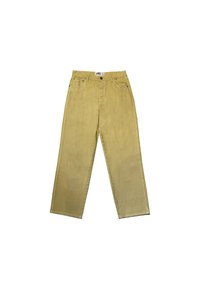 Cotton, high-waisted yellow pants with a straight-leg design, featuring front pockets and a zip fly with button closure. Smooth texture.