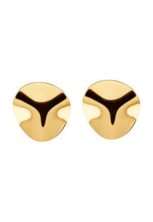 Paar glänzende goldene Ohrringe mit abstraktem, gebogenem Y-förmigem Design auf einer glatten, abgerundeten Oberfläche.