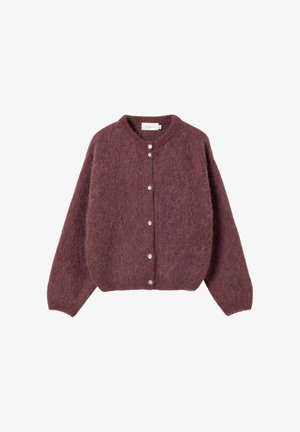 Cardigan lavorato a maglia color mogano con scollo rotondo, maniche lunghe e cinque bottoni frontali. Tessuto morbido con una silhouette leggermente oversize.