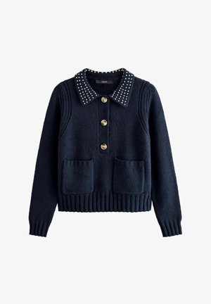 Navy knitted sweater with a collared neckline adorned with silver studs, featuring three buttons and two front pockets. Ribbed hem and cuffs.