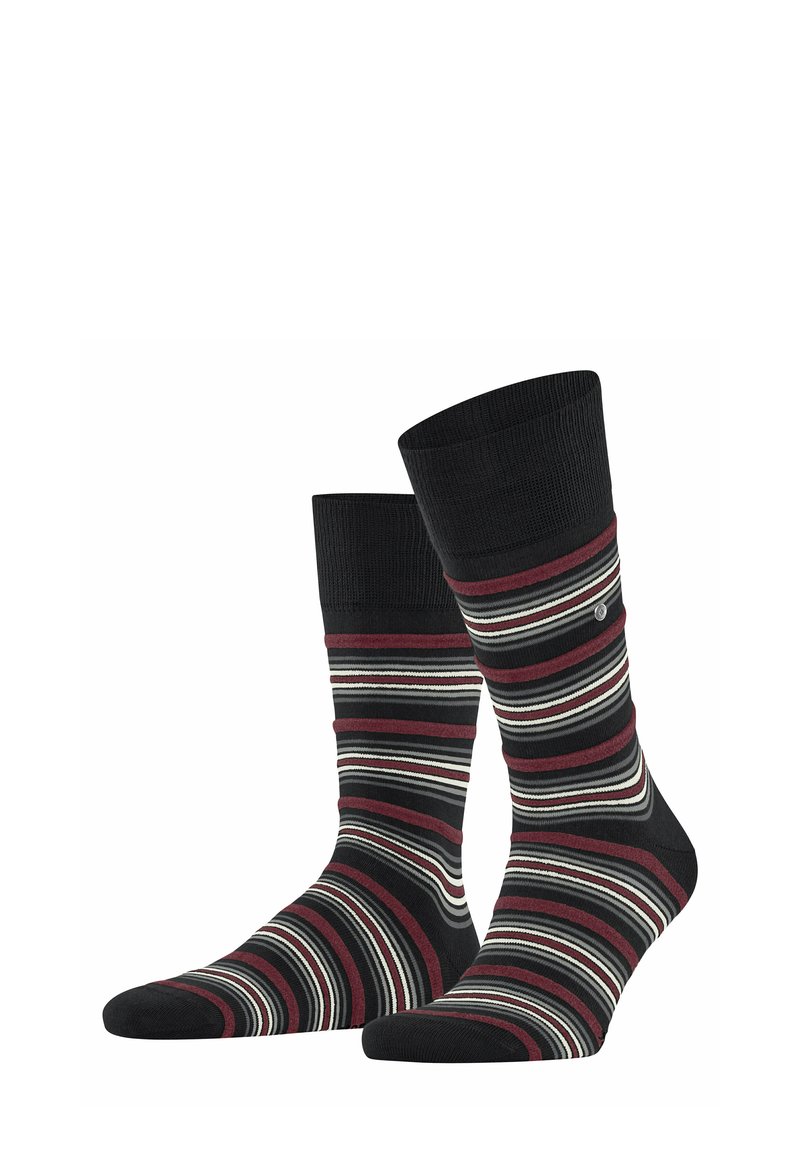 Gestreifte Socken in Schwarz, Burgunderrot und Weiß mit geripptem Bündchen. Sie haben eine gepolsterte Sohle und eine glatte, weiche Textur.