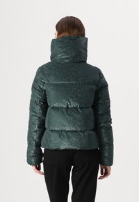 Dikke groene jas met een glanzende, gespikkelde textuur, hoge kraag en horizontale stikdetails. Eenvoudig ontwerp zonder zichtbare hardware.