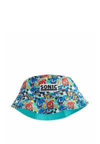 Bucket-Hut aus leichtem Stoff, mit einem bunten Sonic the Hedgehog-Graphic-Muster auf türkisfarbenem Hintergrund und einem schwarzen Logo-Tag.