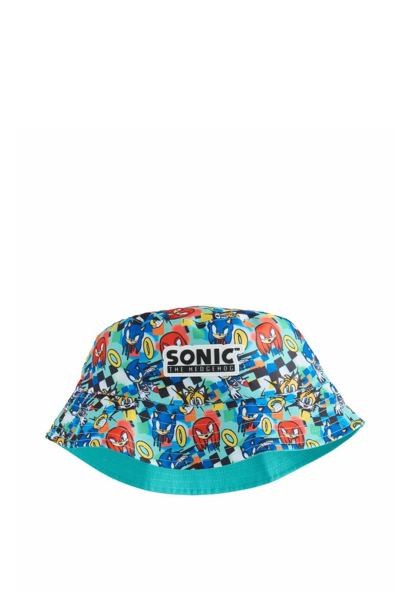Bucket-Hut aus leichtem Stoff, mit einem bunten Sonic the Hedgehog-Graphic-Muster auf türkisfarbenem Hintergrund und einem schwarzen Logo-Tag.