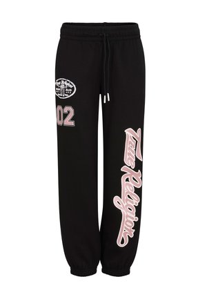 Schwarze Jogginghose mit Kordelzugbund, elastischen Bündchen und gedruckten Details in Pink und Weiß, einschließlich eines Emblems und dem Schriftzug "True Religion".