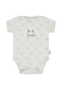 White baby bodysuit with short sleeves, small beige floral print, and a simple brown cat face illustration on the chest.