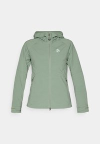 Lys grønn softshell-jakke med hette, frontglidelås og logo på brystet. Har innsnevrede ermer og sidelommer. Glatt tekstur.