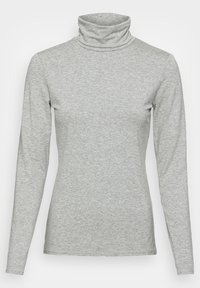 Grauer Rollkragenlongsleeve aus weichem Stoff, mit hohem Hals und figurnaher Passform, minimalen Nähten und ohne sichtbare Muster.