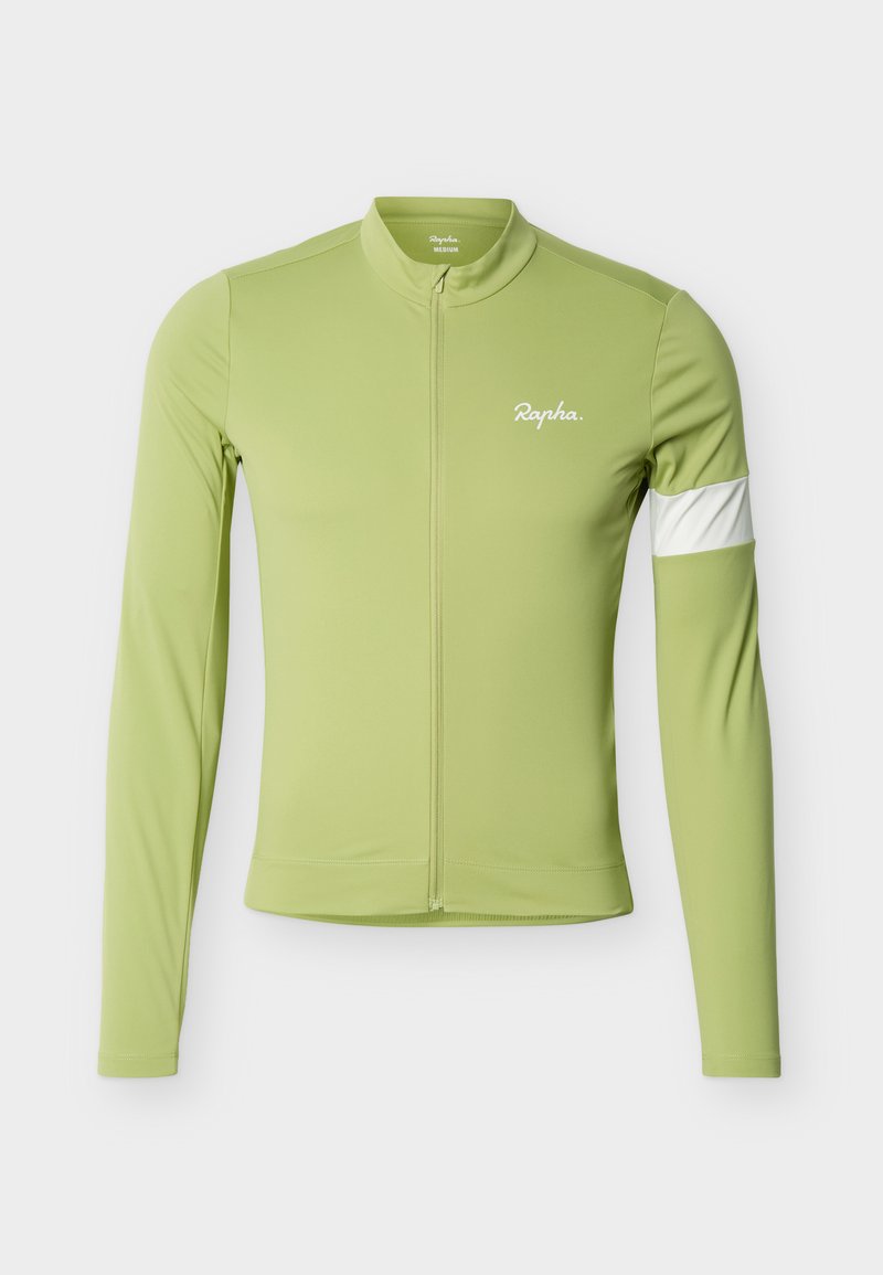 Hellgrünes Langarm-Radtrikot mit durchgehendem Frontreißverschluss, weißem Streifen am linken Arm und "Rapha"-Logo auf der linken Brust.
