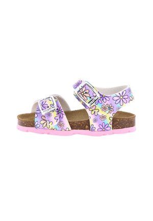 Sandal in viola e bianco con motivo floreale, due cinturini regolabili, soletta in sughero e suola in gomma rosa.
