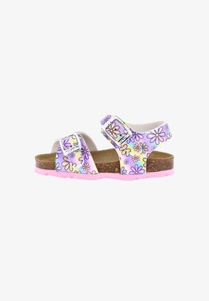 Sandal in viola e bianco con motivo floreale, due cinturini regolabili, soletta in sughero e suola in gomma rosa.