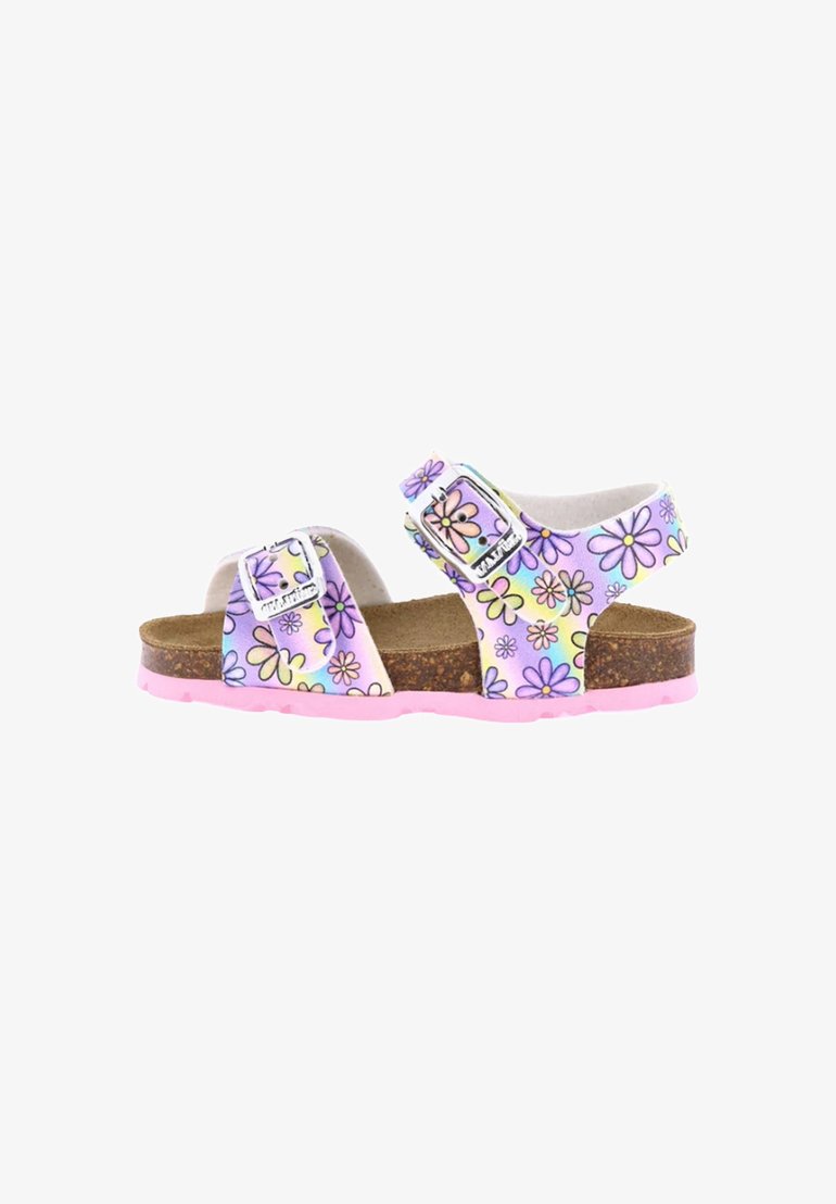 Sandal in viola e bianco con motivo floreale, due cinturini regolabili, soletta in sughero e suola in gomma rosa.