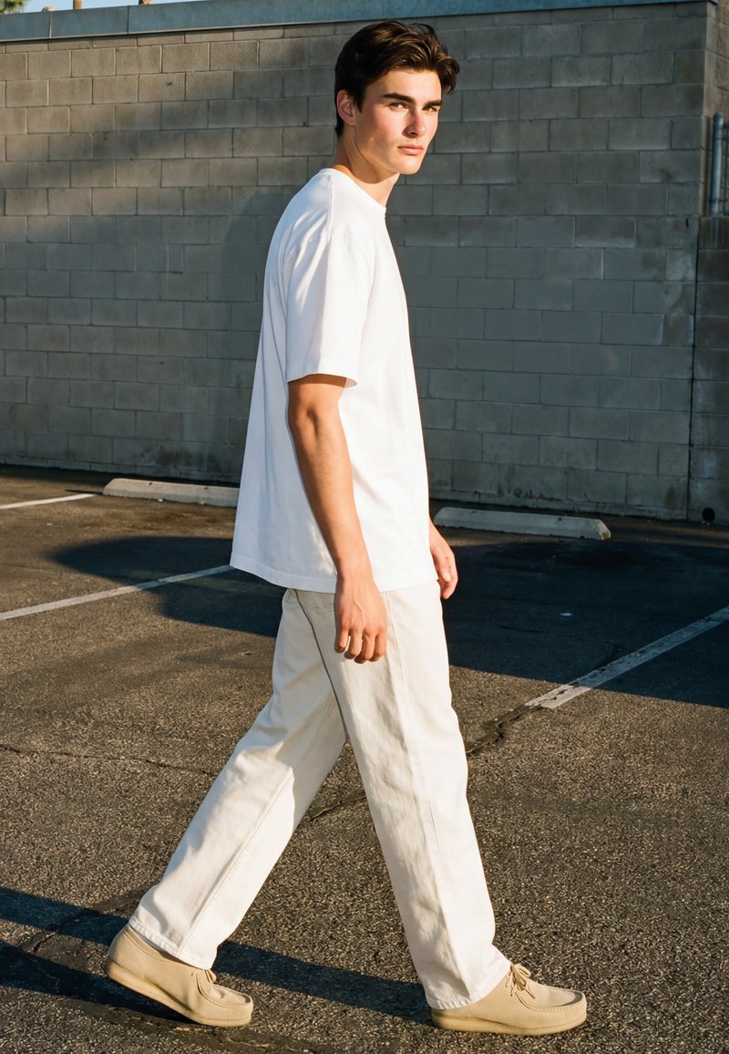 Ung mann går på en parkeringsplass iført hvit t-skjorte, off-white bukser og beige sko, med en grå murvegg i bakgrunnen.