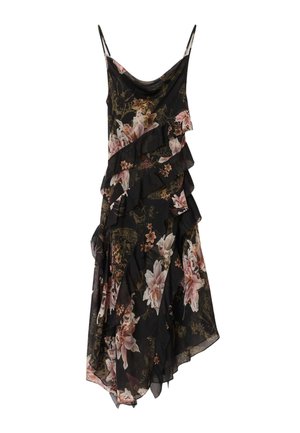 Sort ærmeløs kjole med pink blomsterprint, asymmetriske flæser og en flydende kant, designet med tynde skulderstropper.