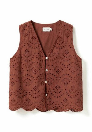 Bluza maro fără mâneci, cu nasturi, broderie florală cu găuri decorative și tiv ondulat, etichetată "Noella" pe partea interioară a gulerului.