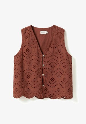 Bruine mouwloze blouse met knoopsluiting, bloemenmotief in borduursel en gezoomde rand, met het label "Noella" aan de binnenkant van de kraag.