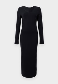 Rochie neagră cu mânecă lungă, cu o siluetă ajustată, decolteu adânc în V și material neted, elastic. Fără modele sau accente vizibile.