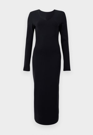 Black long-sleeve dress with a fitted silhouette, deep V-neck, and smooth, stretchy fabric. No visible patterns or accents.
