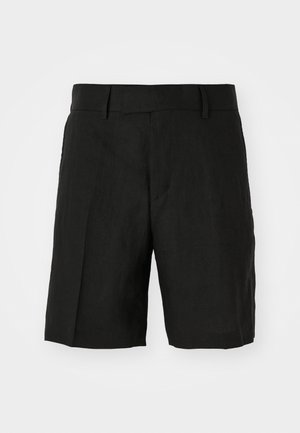 Black linen shorts with a relaxed fit, featuring a flat front, pockets on the sides, and a mid-length cut. Lightweight texture visible.