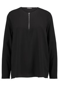 Top nero a maniche lunghe con scollatura rotonda e un piccolo dettaglio con cerniera nella parte anteriore. Realizzato in un tessuto leggero e liscio.