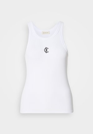 Witte geribde tanktop met een ronde halslijn en dikke banden, met een klein zwart logo in het midden. Gladde katoenen stof.