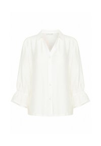 White button-up shirt with a collared neckline, three-quarter balloon sleeves, and textured accents at the cuffs. Lightweight fabric.